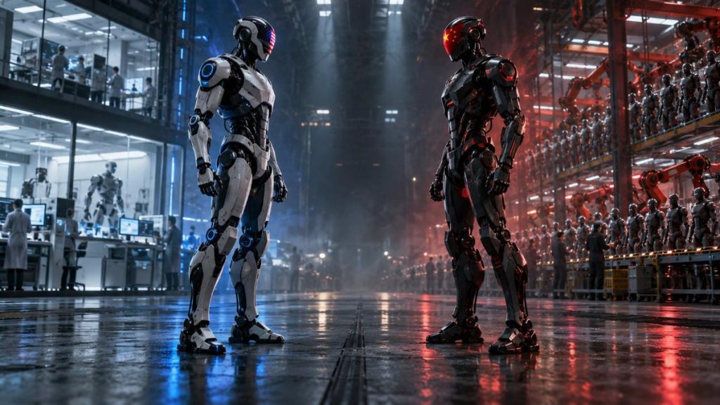 Dos robots humanoides enfrentados, uno con la bandera de Estados Unidos y otro con la de China, en una nave industrial: la carrera por la robótica humanoide